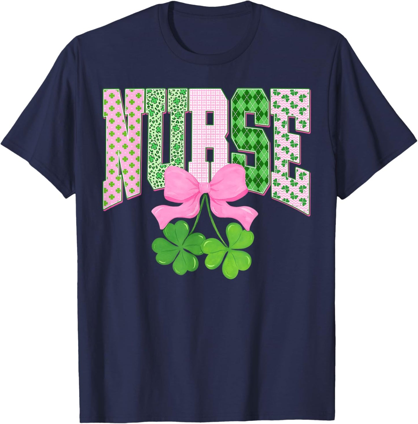 Lucky Shamrock St Patrick's Day Nurse Coquette Bow T-Shirt - T-Shirt | Navy