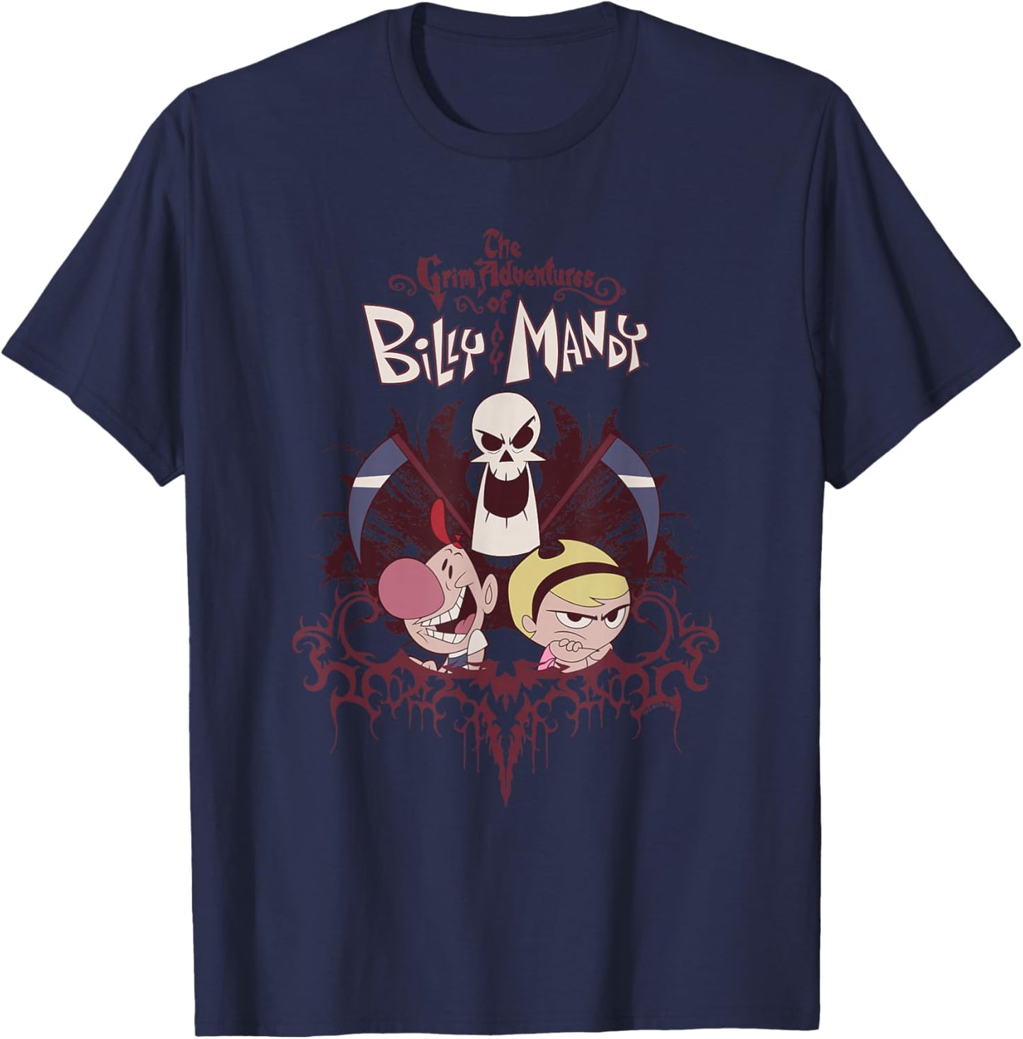 Grim Adventures Retro Gothic Characters with Logo Cartoon T-Shirt - T-Shirt | Navy