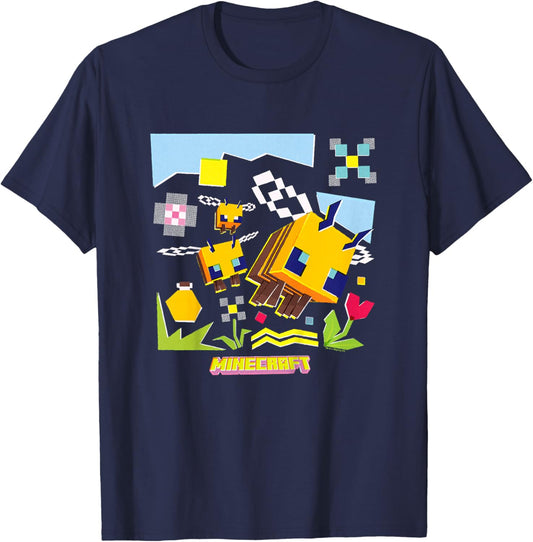 Minecraft Logo Flowers and Bees Flying in The Sky T-Shirt - T-Shirt | Navy