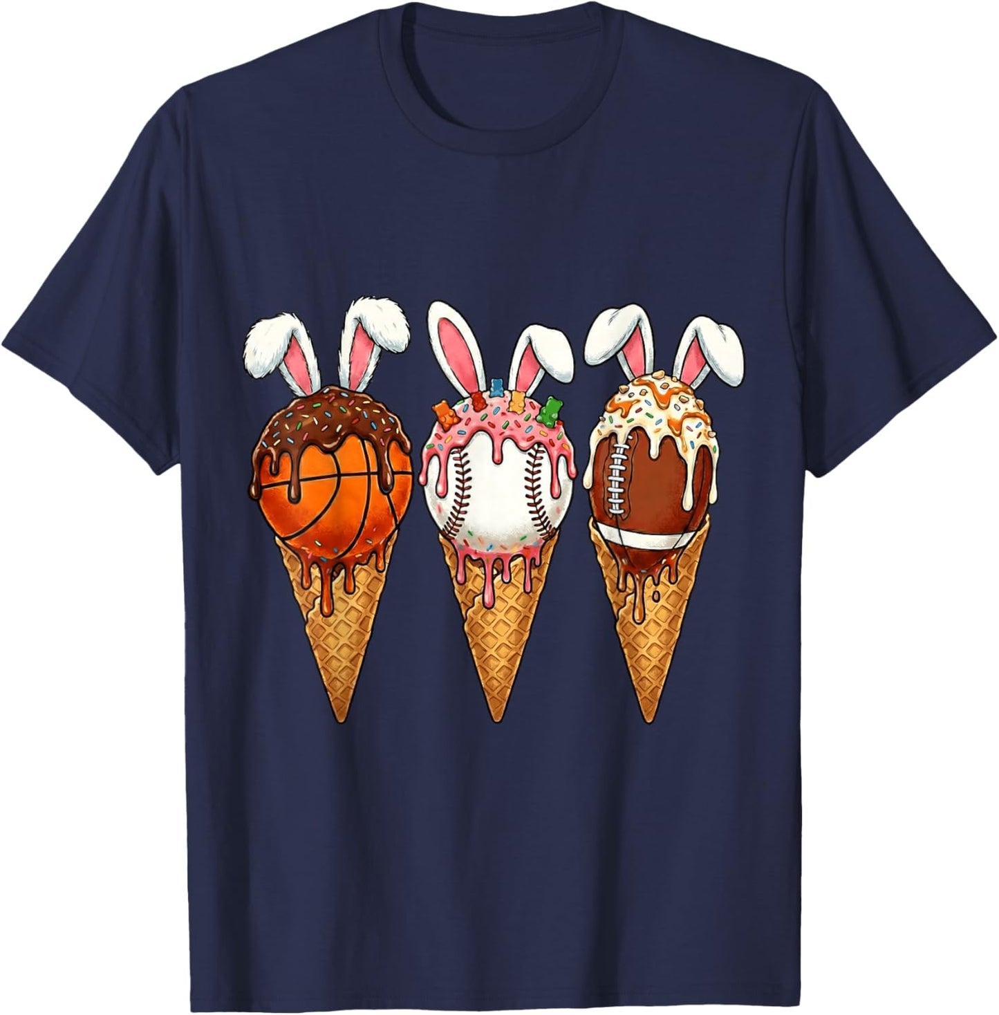 Ice Cream Dripping Basketball Baseball Football Bunny Easter T-Shirt - T-Shirt | Navy