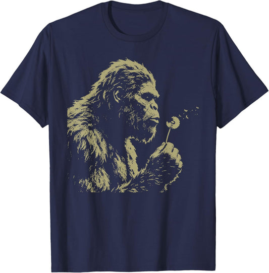 Blowing Wishes Funny Bigfoot Blowing Dandelion Vintage Art T-Shirt - T-Shirt | Navy