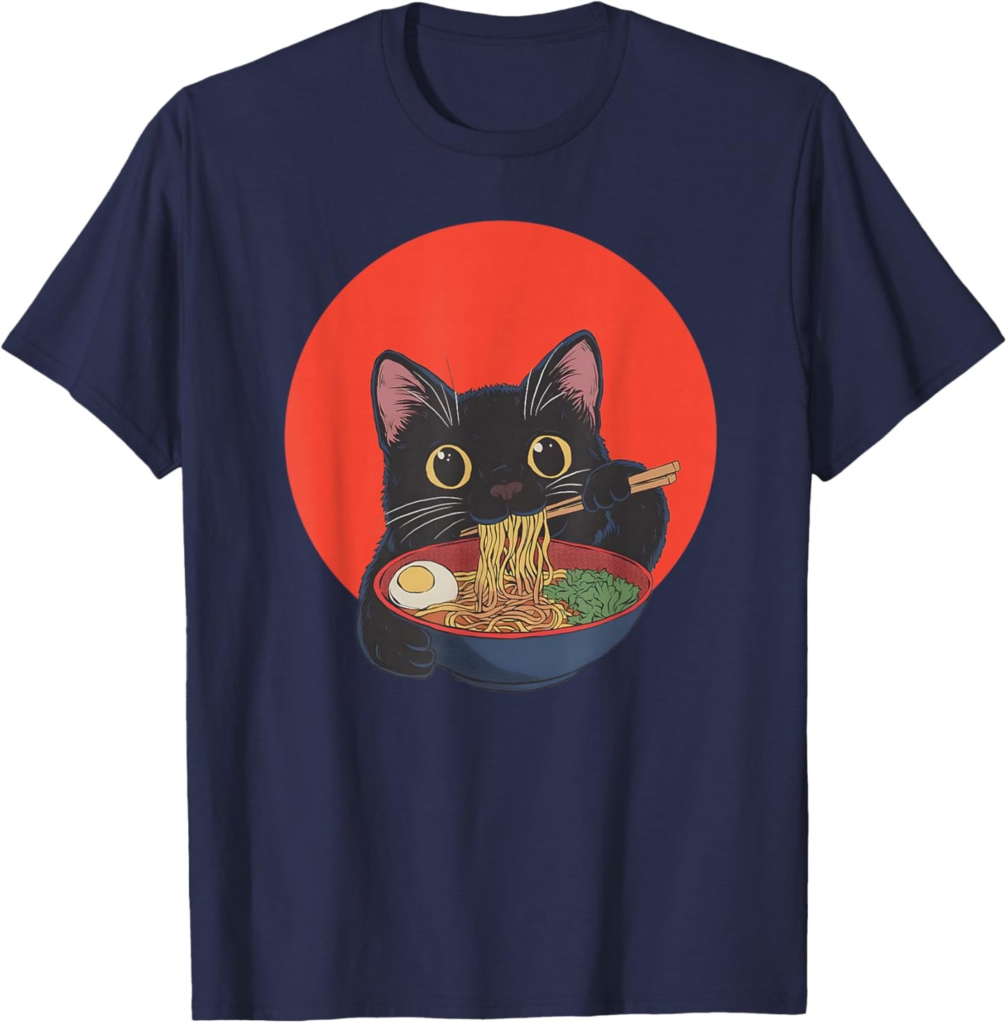Black Cat Eating Ramen Funny Japanese Men Women Teens T-Shirt - T-Shirt | Navy