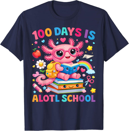 100 Days of School Cute 100 Days is Alotl School Axolotl Kid T-Shirt - T-Shirt | Navy