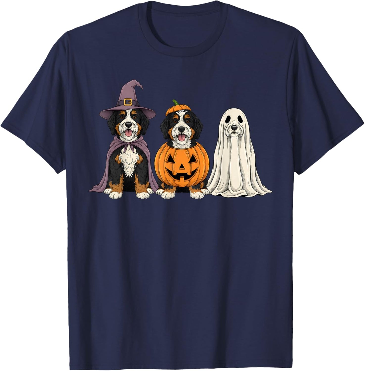 Spooky Ghost Bernedoodle Pumpkin Halloween Doodle Dog Lover T-Shirt - T-Shirt | Navy