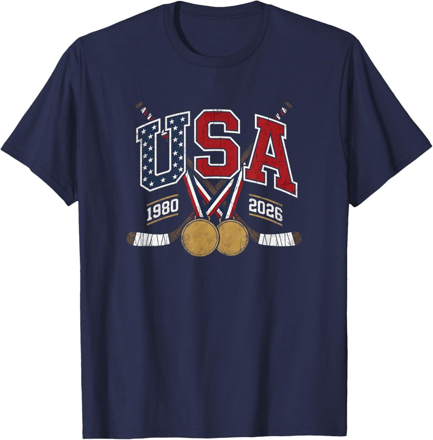 1980 and 2026 Hockey Vintage USA Crossed Sticks Patriotic T-Shirt - T-Shirt | Navy