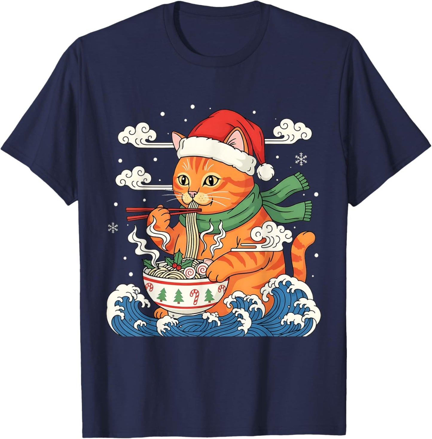 Funny Christmas Ramen Cat Eating Noodles Japanese Kawaii Cat T-Shirt - T-Shirt | Navy