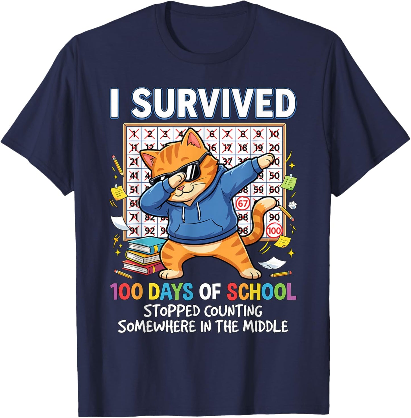 I Survived 100 Days of School Funny Dabbing Cat Student Cool T-Shirt - T-Shirt | Navy