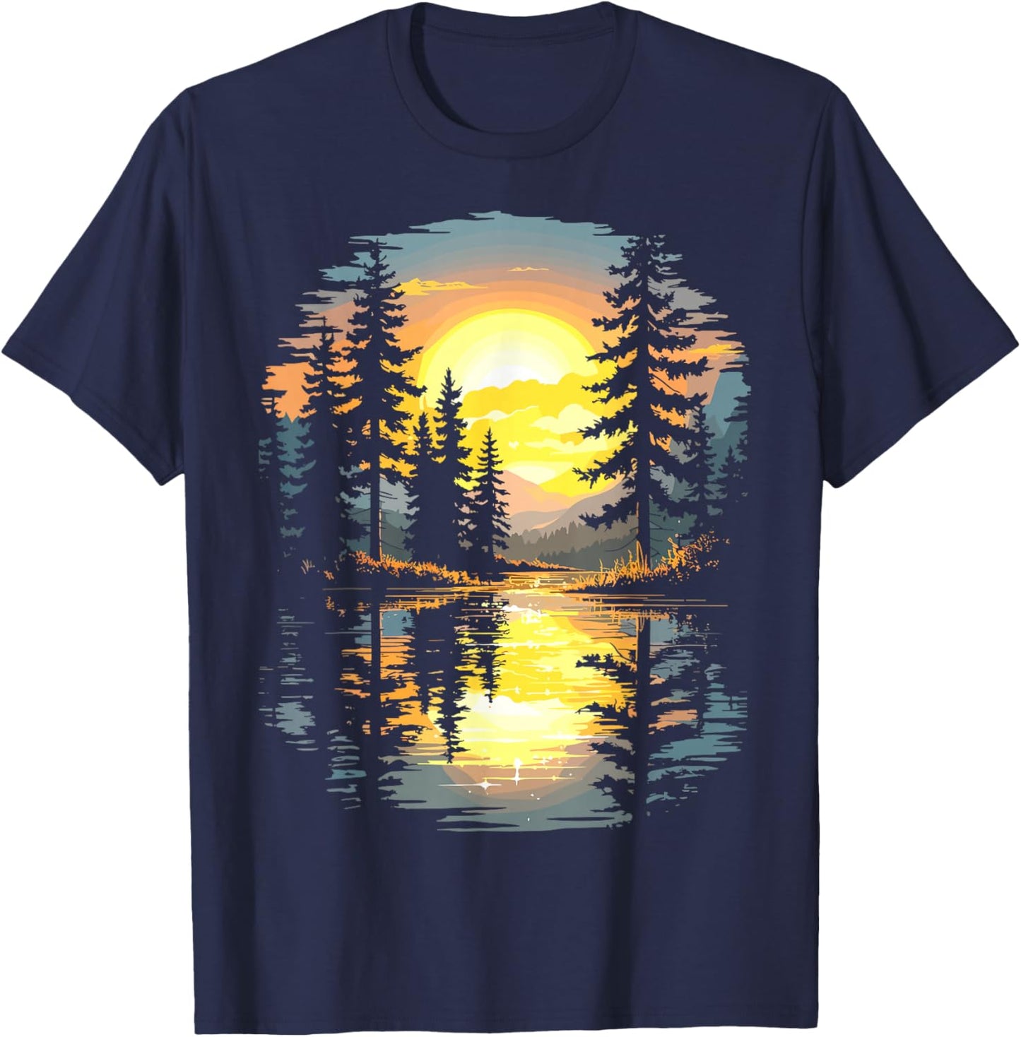 Nature Trees Reflection Sunset Forest Outdoor Wildlife T-Shirt - T-Shirt | Navy