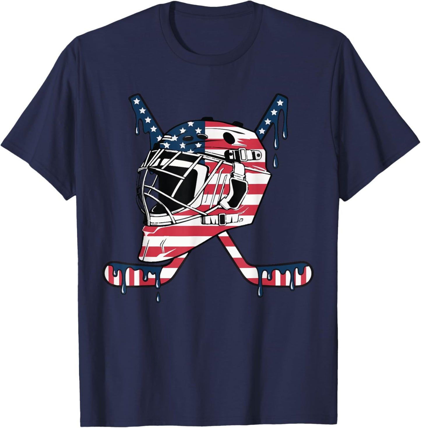 Goalie Helmet Hockey Icecream Drip American Flag T-Shirt - T-Shirt | Navy