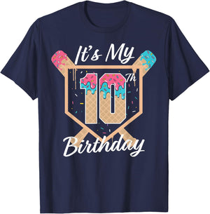 Baseball 10 Year Old Ice Cream Drip 10th Birthday T-Shirt - T-Shirt | Navy
