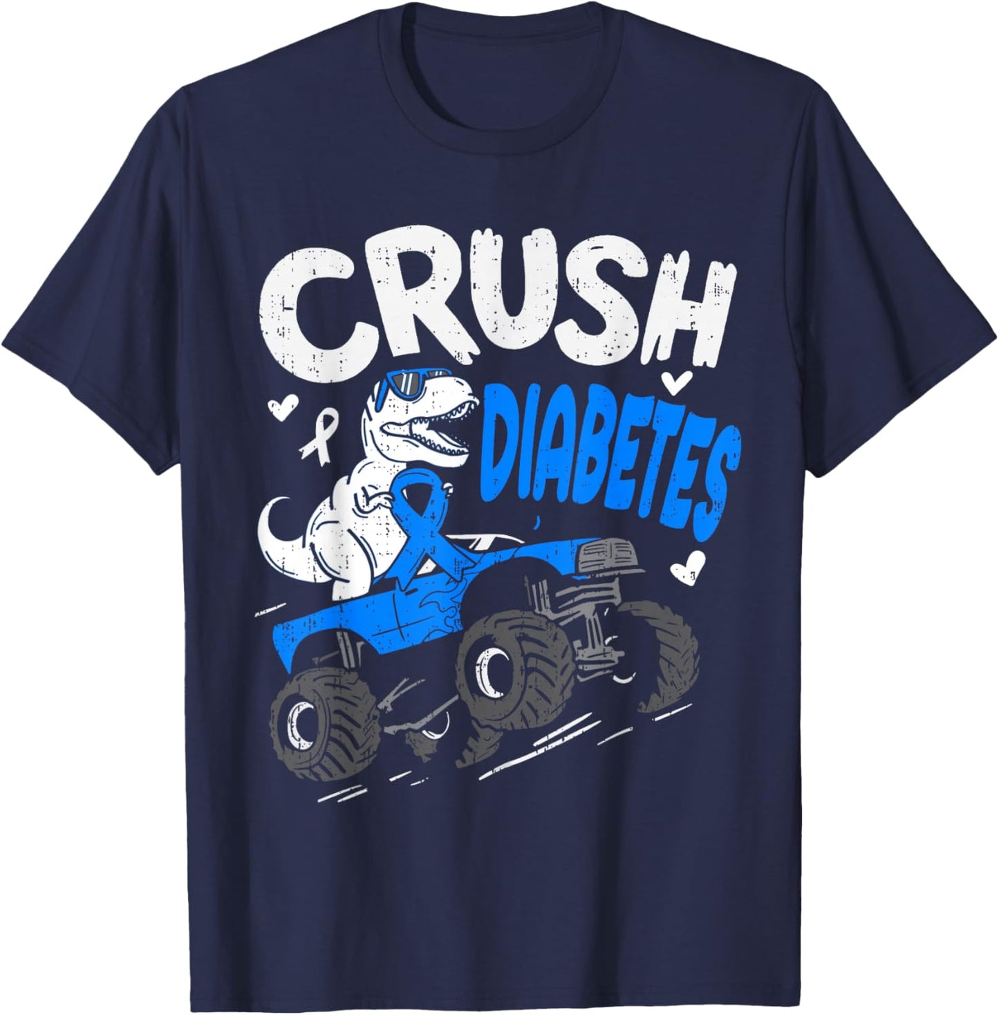 Type 1 Crush Diabetes Awareness T1D Dino T Rex Ribbon Blue T-Shirt - T-Shirt | Navy