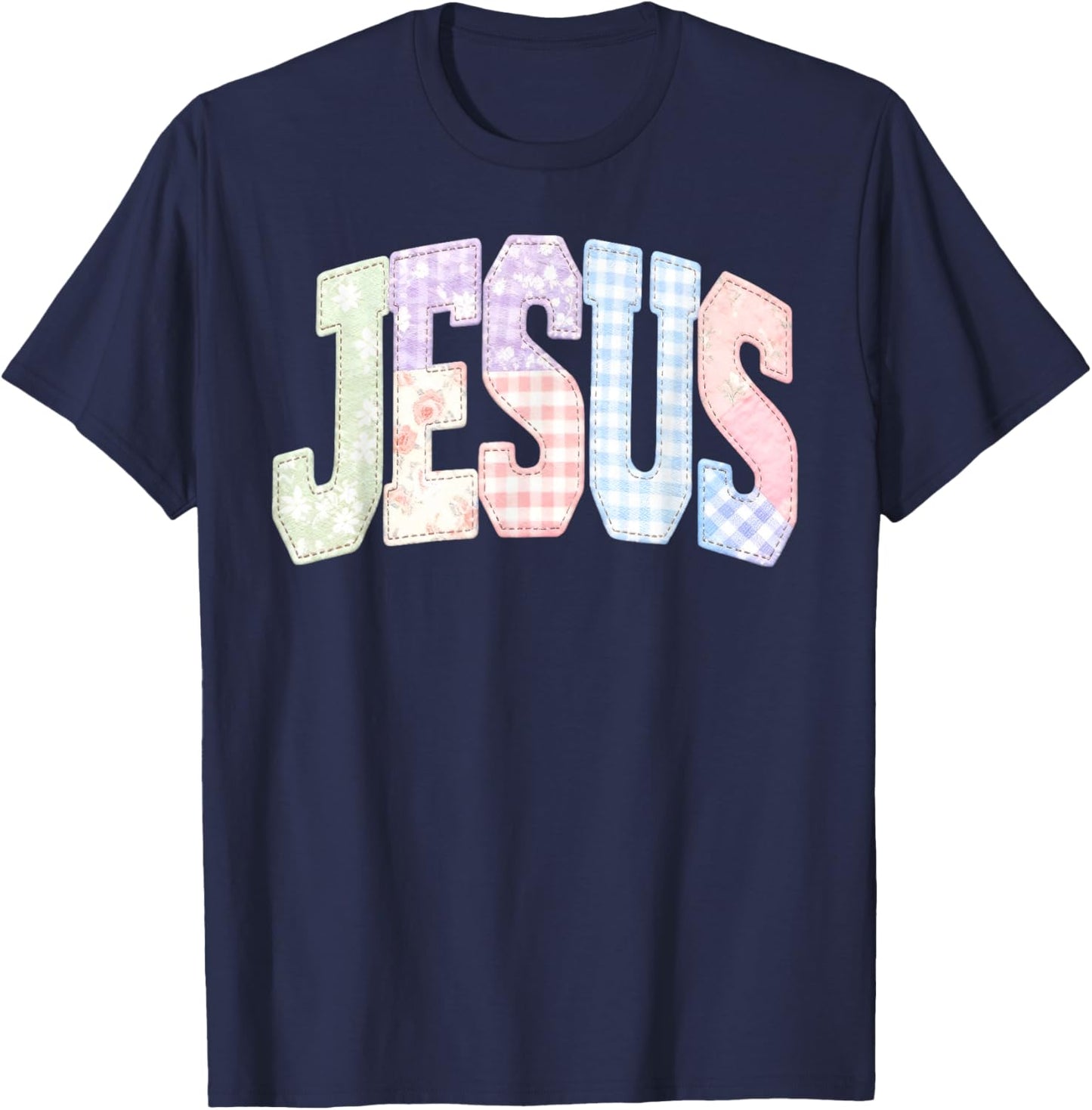 Amen Jesus Patchwork Christian Quote Faith Bible Verse Retro T-Shirt - T-Shirt | Navy