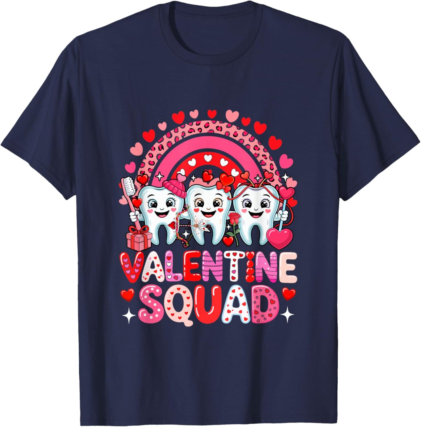 Valentine Squad Three Cute Teeth Dentist Rainbow Hearts T-Shirt - T-Shirt | Navy