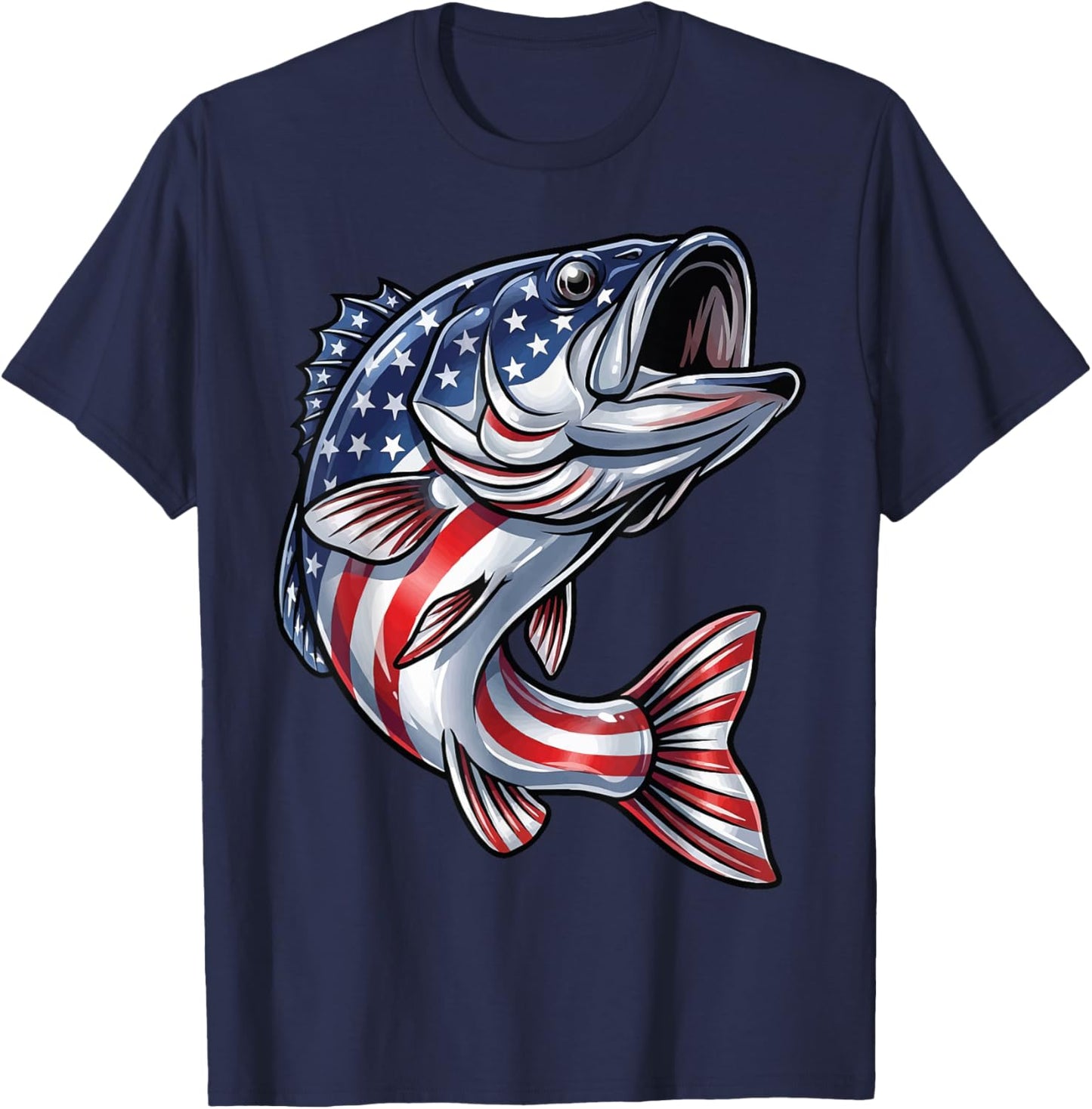 Bass Fish USA Flag Fishing 4th of July Patriot T-Shirt - T-Shirt | Navy