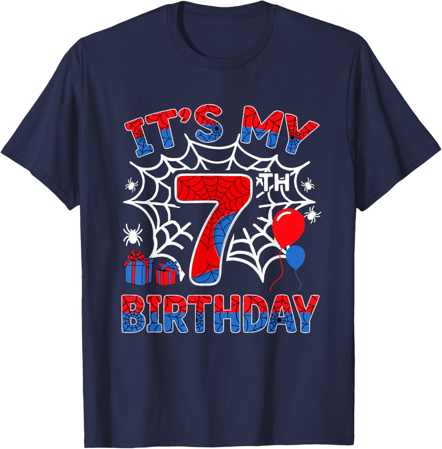 Its My 7th Birthday Boy 7 Year Old Spider Web Birthday Party T-Shirt - T-Shirt | Navy