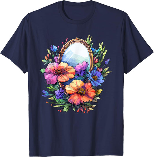 Vintage Floral Mirror with Colorful Bloom Frame T-Shirt - T-Shirt | Navy