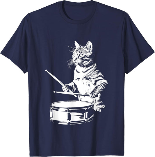 Cat Playing Drums Music Kitten Drummer Fans T-Shirt - T-Shirt | Navy