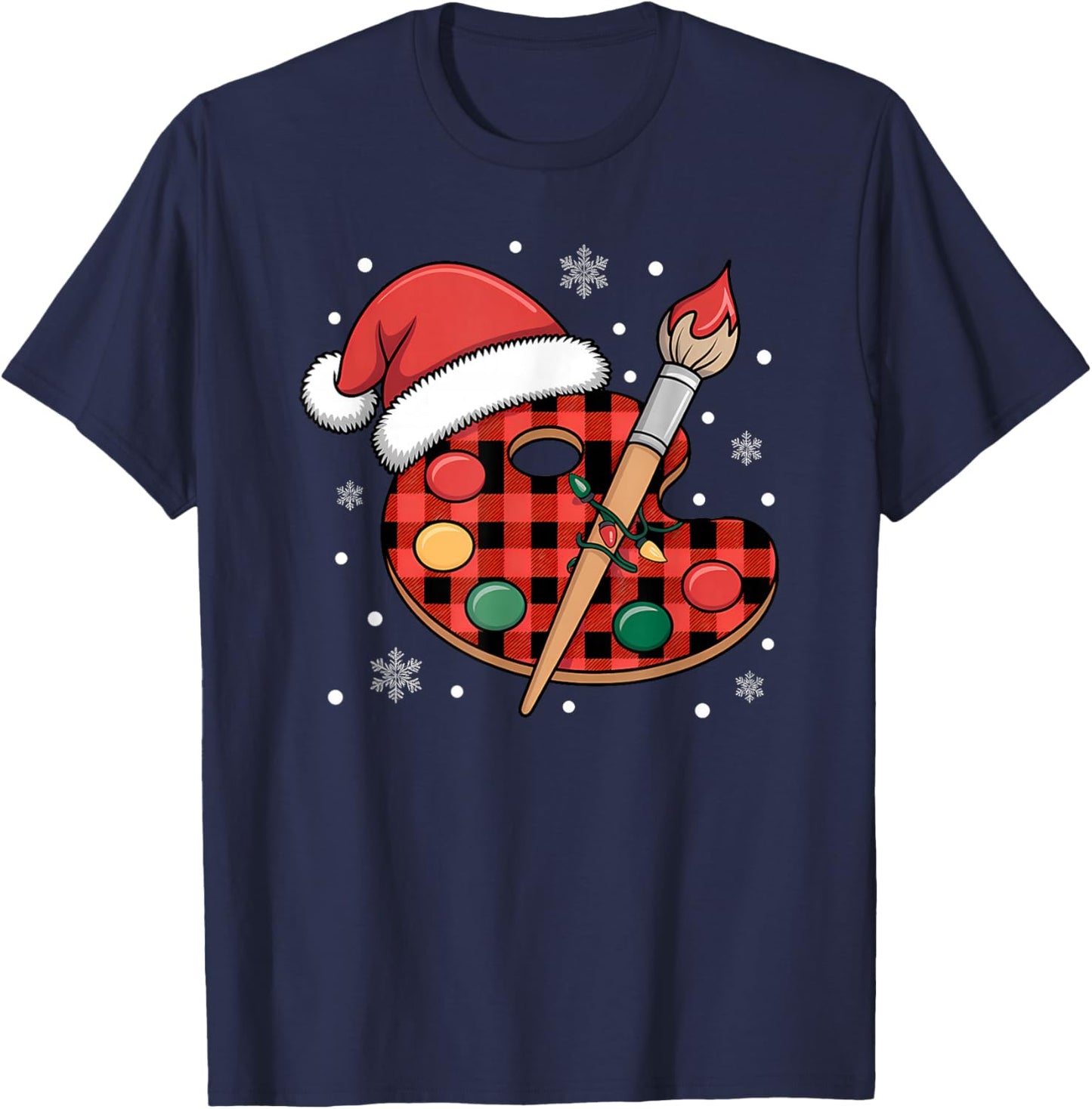 Buffalo Plaid Artist Palette with Santa Hat Holiday Painting T-Shirt - T-Shirt | Navy