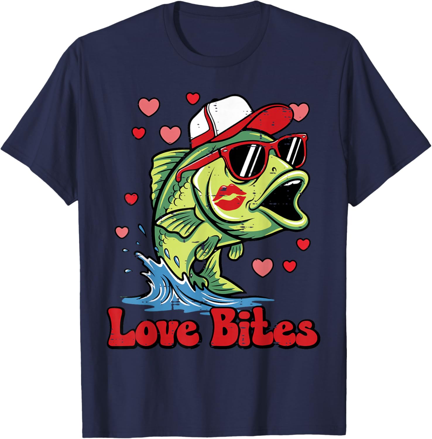 Valentines Day Bass Fish Love Bites Fisherman Men Women Kids T-Shirt - T-Shirt | Navy