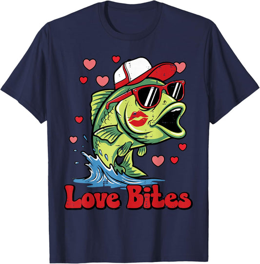Valentines Day Bass Fish Love Bites Fisherman Men Women Kids T-Shirt - T-Shirt | Navy