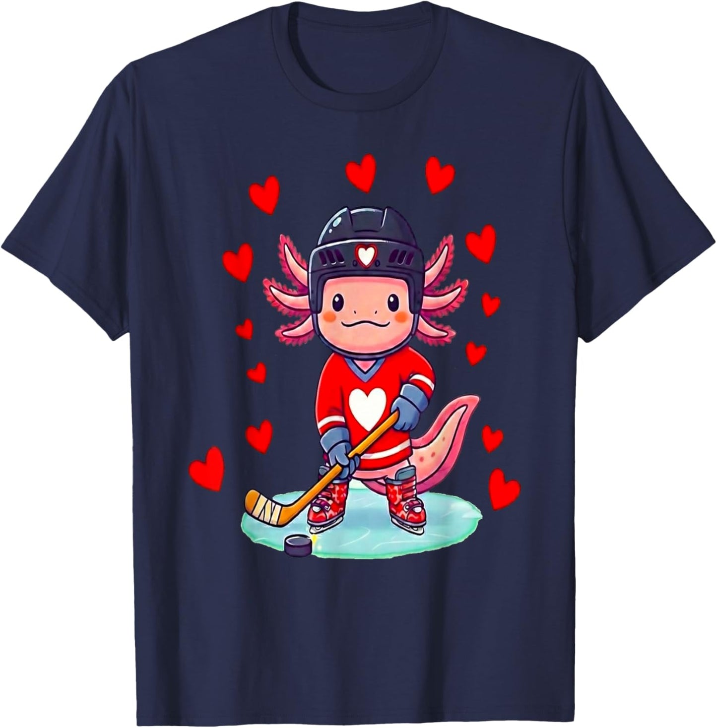 Axolotl Hearts Costume Playing Ice Hockey Valentines Day T-Shirt - T-Shirt | Navy