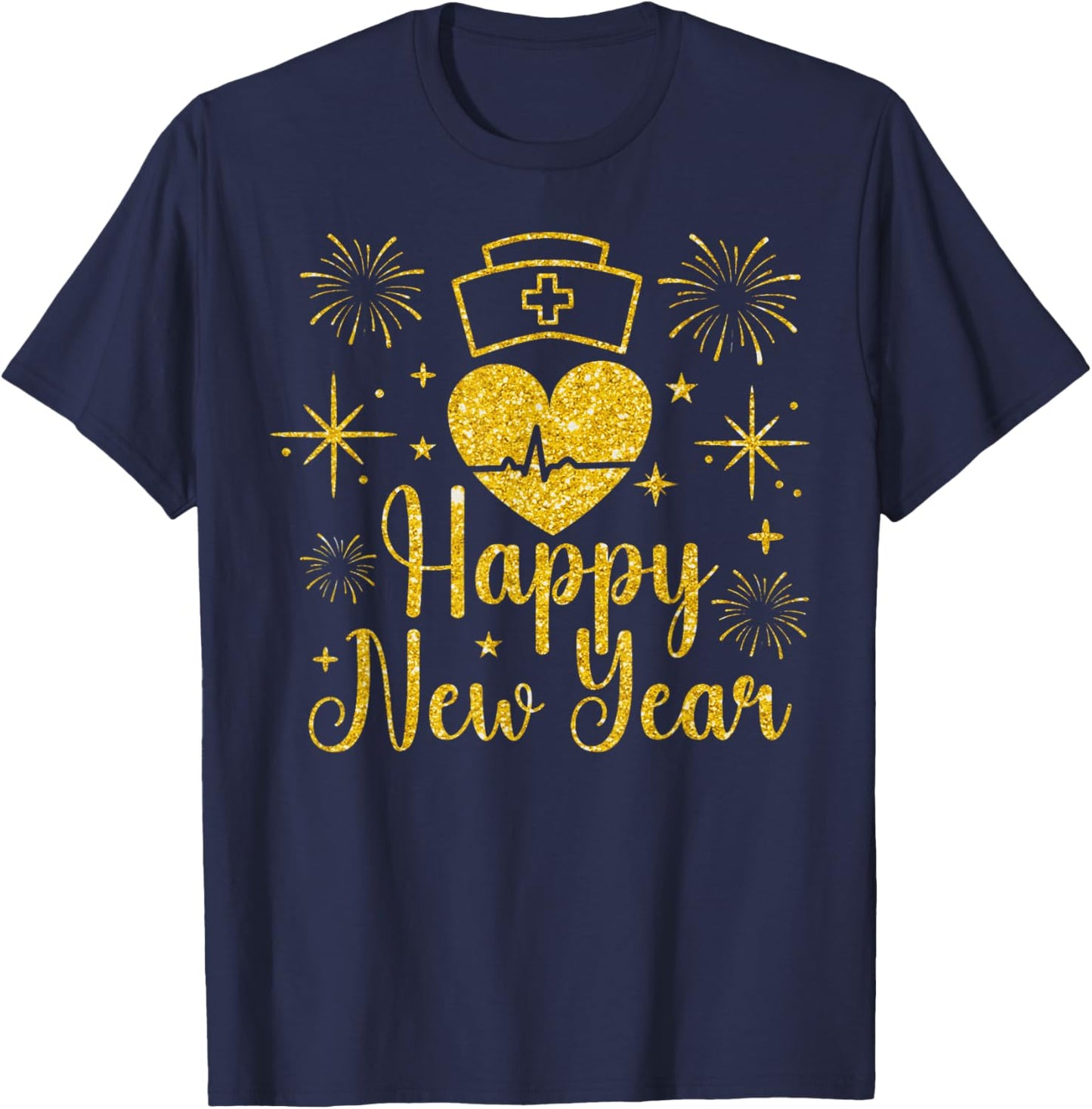 Happy New Year Nurses Heartbeat Fireworks New Years 2026 T-Shirt - T-Shirt | Navy