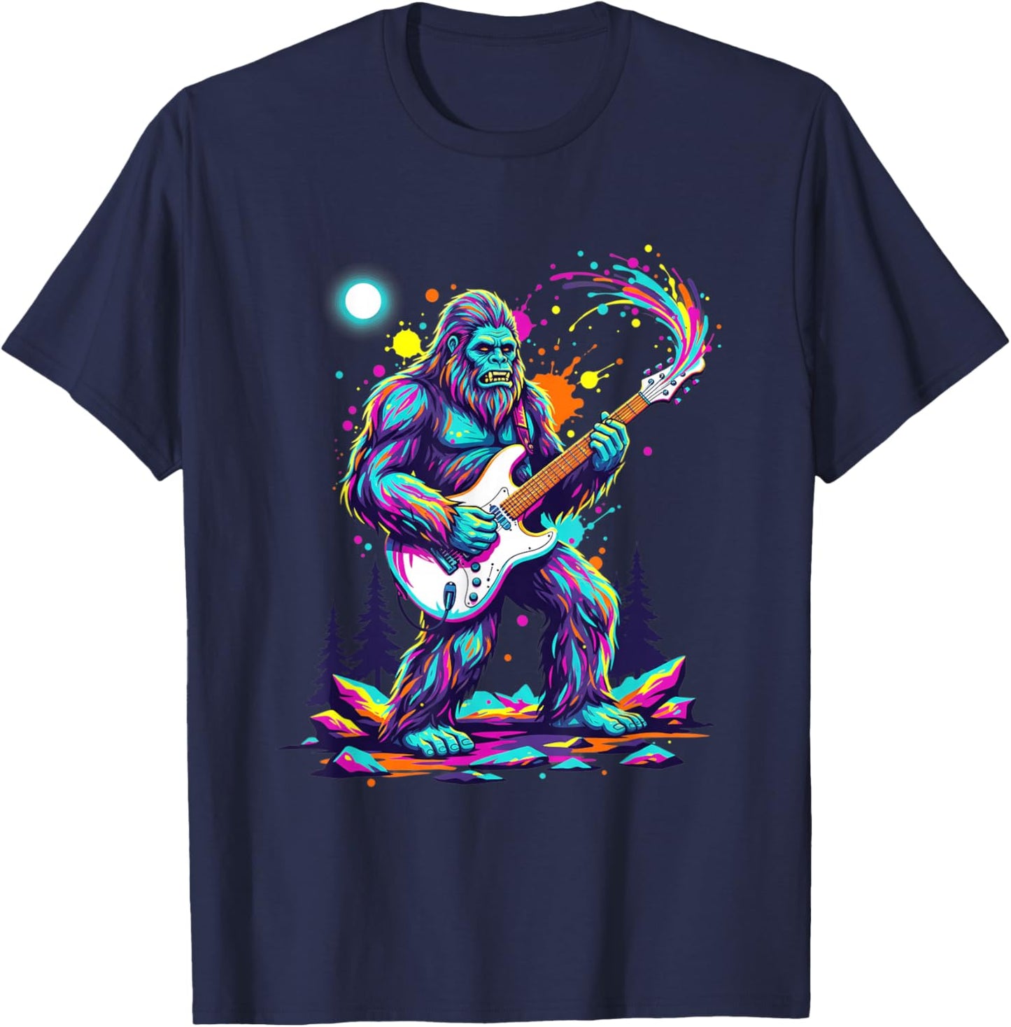 Sasquatch Playing Guitar Rock Concert Monster Art T-Shirt - T-Shirt | Navy