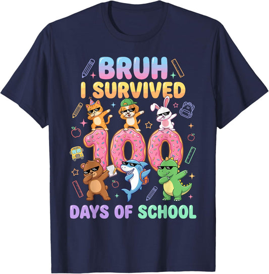 Bruh I Survived 100 Days of School Hundred Dabbing Animals T-Shirt - T-Shirt | Navy