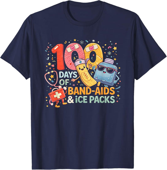 School Nurse 100 Days Band Aids Ice Packs 100 Days of School T-Shirt - T-Shirt | Navy