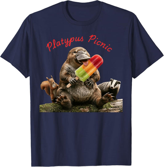 Retro Funny Platypus Picnic Summertime Matching Outfit T-Shirt - T-Shirt | Navy