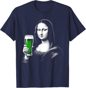 Mona Lisa St Patty's Shamrock Beer Funny St Patrick's Day T-Shirt - T-Shirt | Navy