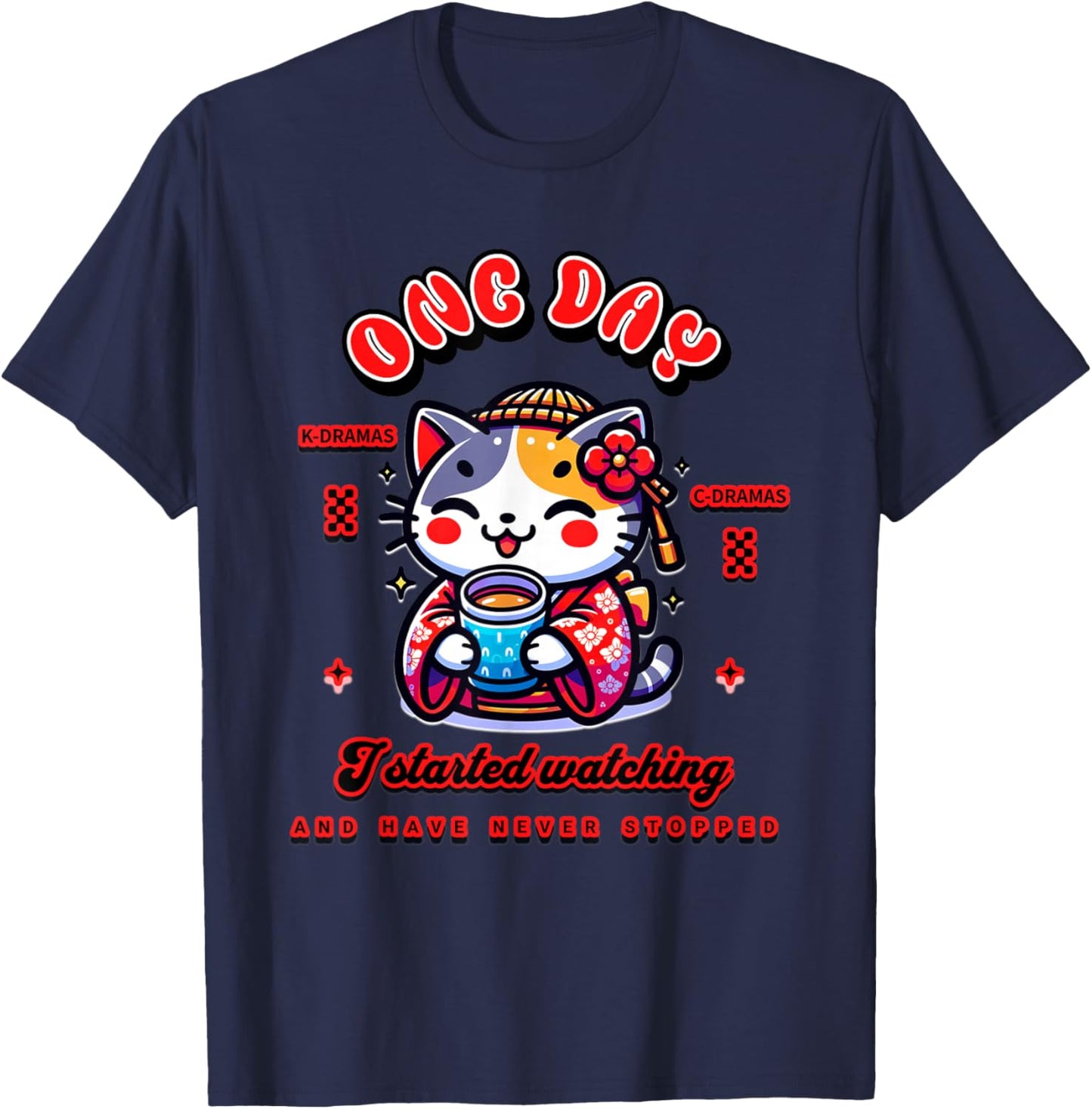 Cute Cat Watching K-Dramas and C-Dramas T-Shirt - T-Shirt | Navy