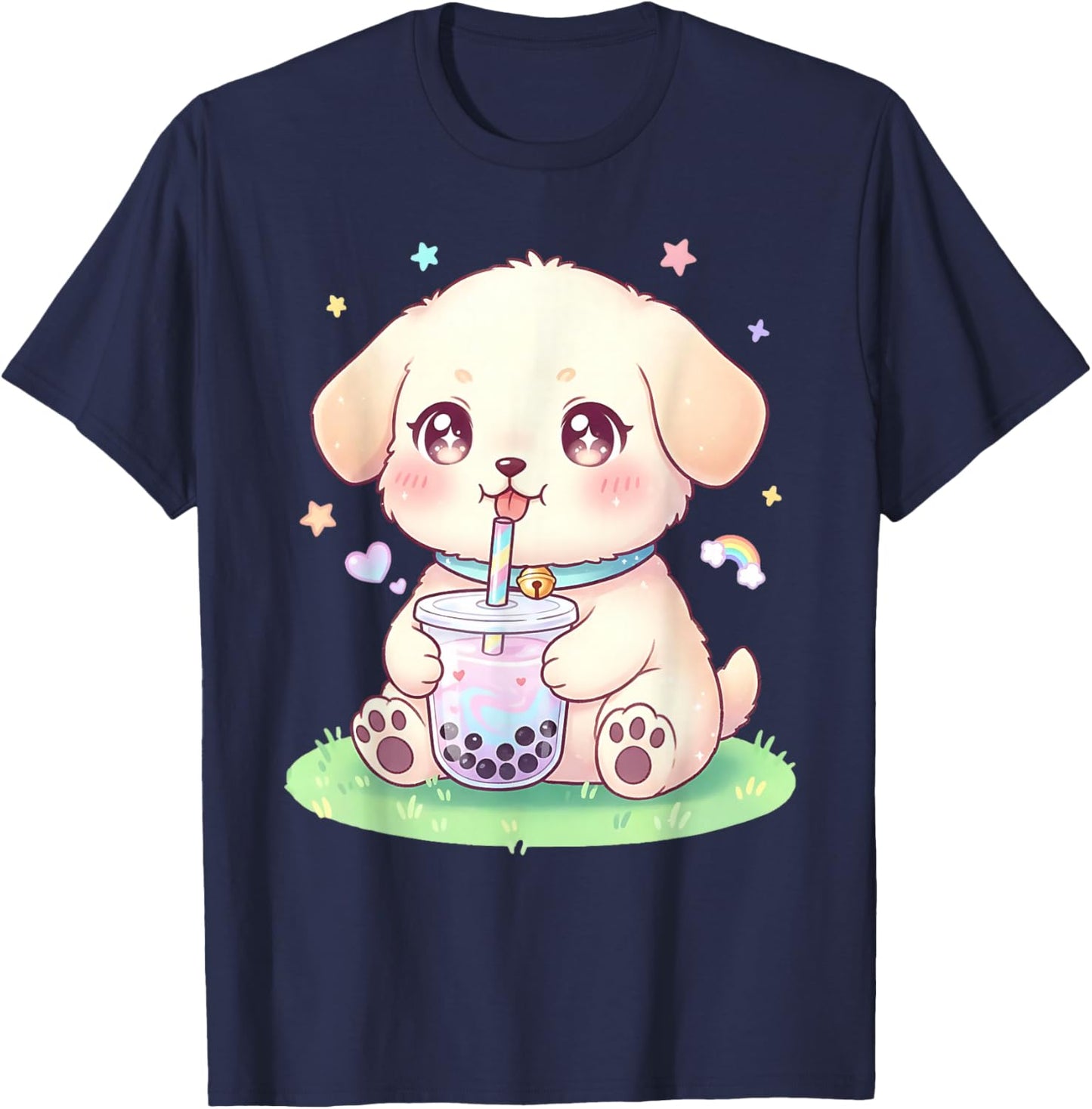 Puppy Dog Drinking Boba Tea Cute Girls Graphic T-Shirt - T-Shirt | Navy