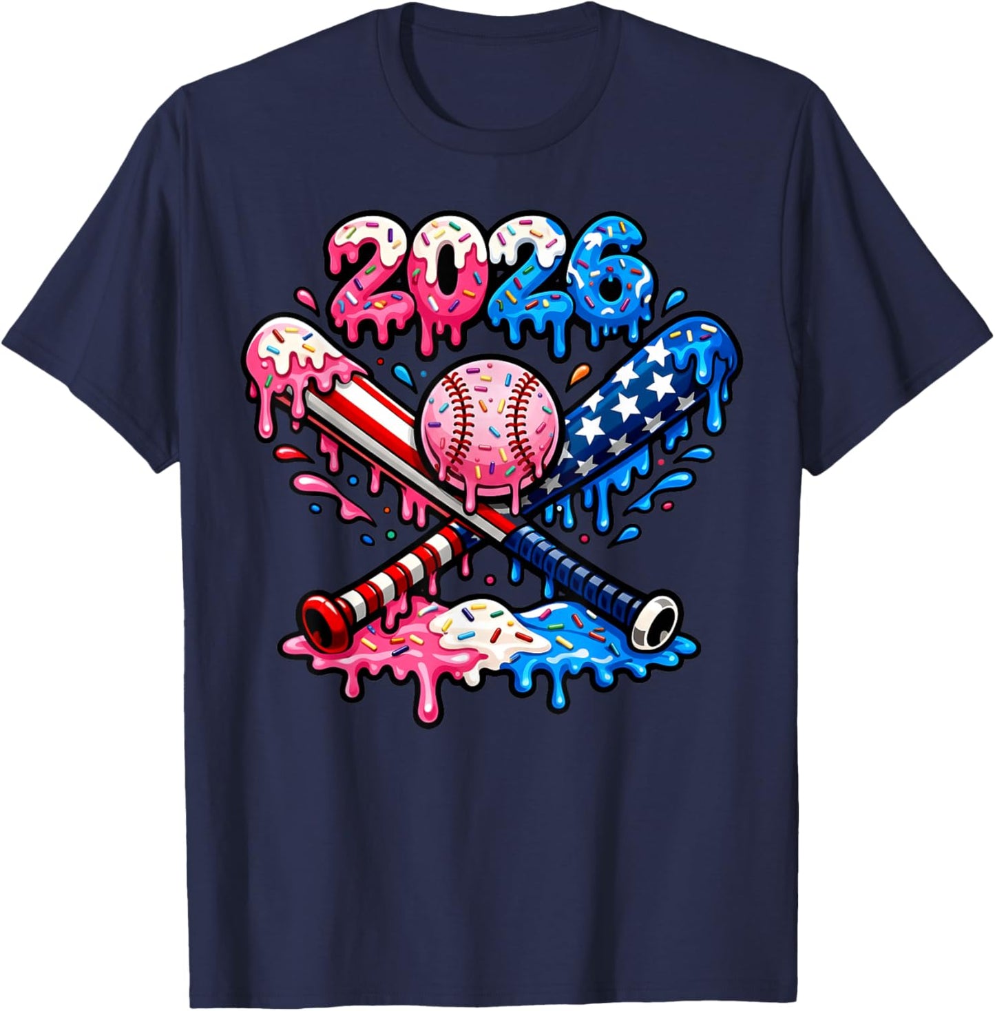 Funny 2026 American Flag Baseball Ice Cream Drip Bats Boys T-Shirt - T-Shirt | Navy