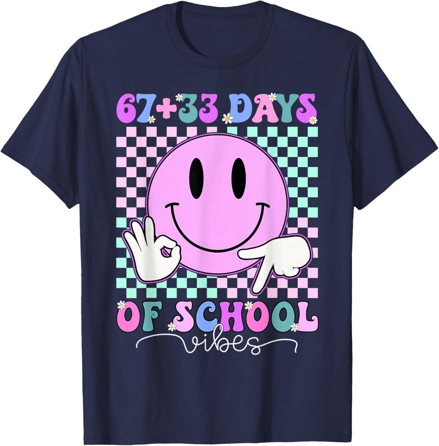 Retro Groovy 67 +33 Days of School 100th Day Kids Boys Girls T-Shirt - T-Shirt | Navy