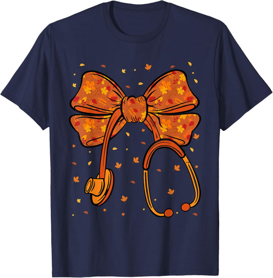 Thanksgiving Nurse Coquette Stethoscope Fall Autumn Nursing T-Shirt - T-Shirt | Navy