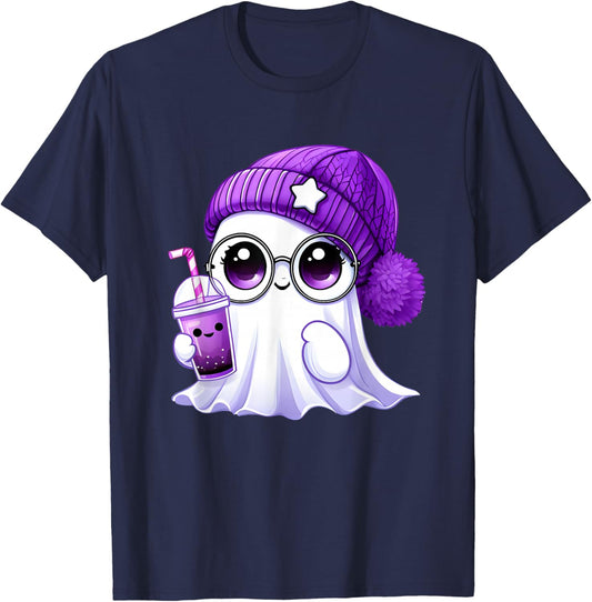 Cute Pink Purple Ghost Coffee Halloween Ghost Men Women T-Shirt - T-Shirt | Navy