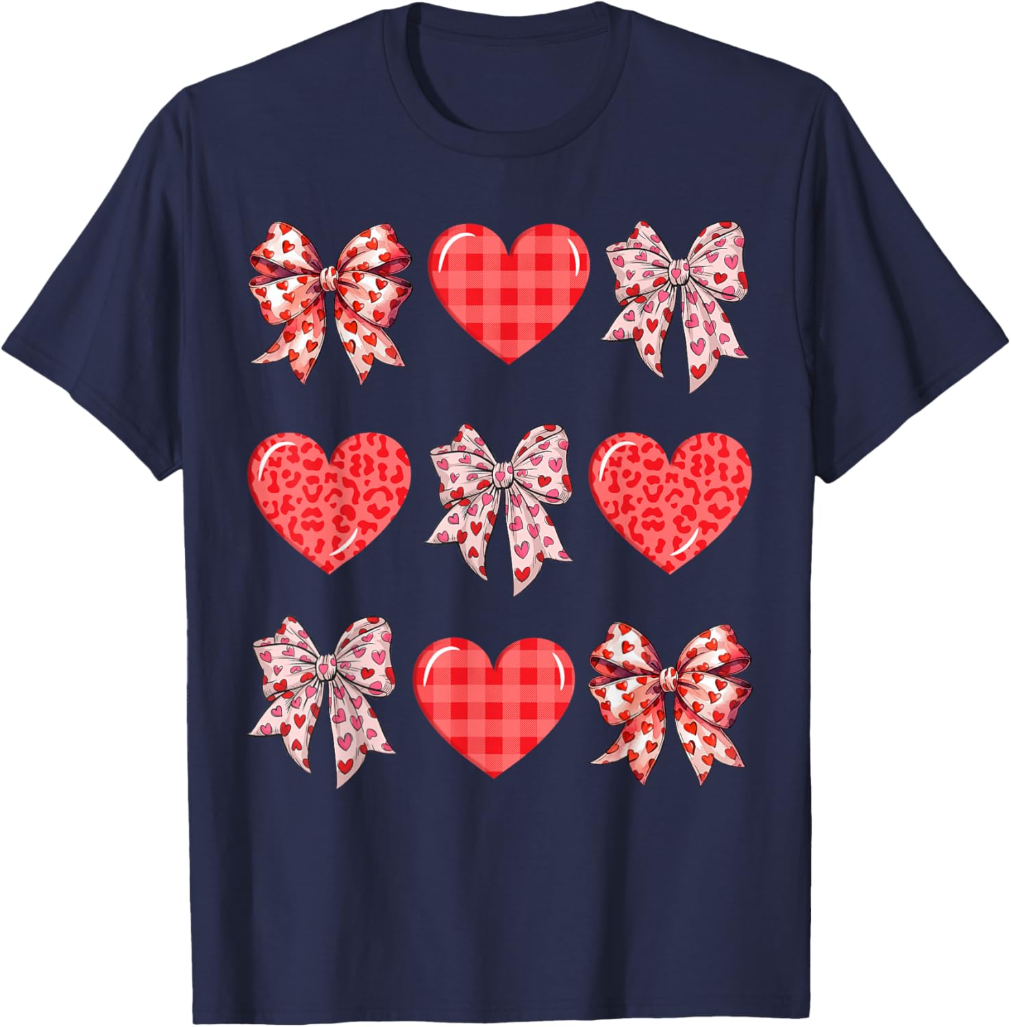 Valentine Day Hearts Leopard Coquette Bow Women Girls Boys T-Shirt - T-Shirt | Navy