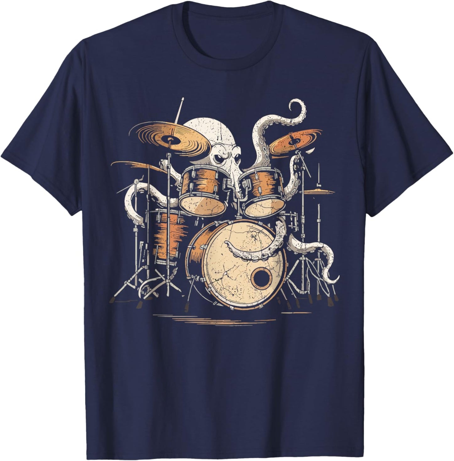 Octopus Playing Drums Retro Rock Drummer T-Shirt - T-Shirt | Navy