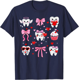 Valentine’s Day Teeth Coquette Bow Cute Dental Love Graphic T-Shirt - T-Shirt | Navy