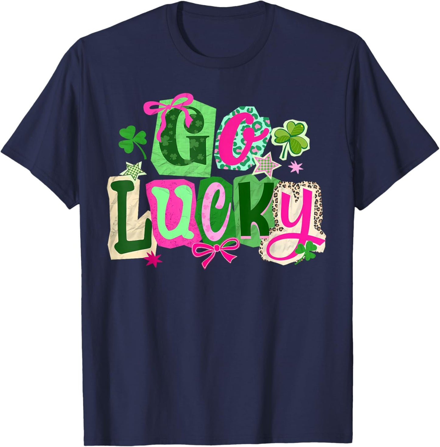 Preppy Happy Go Lucky Coquette Bow Shamrock St Patricks Day T-Shirt - T-Shirt | Navy