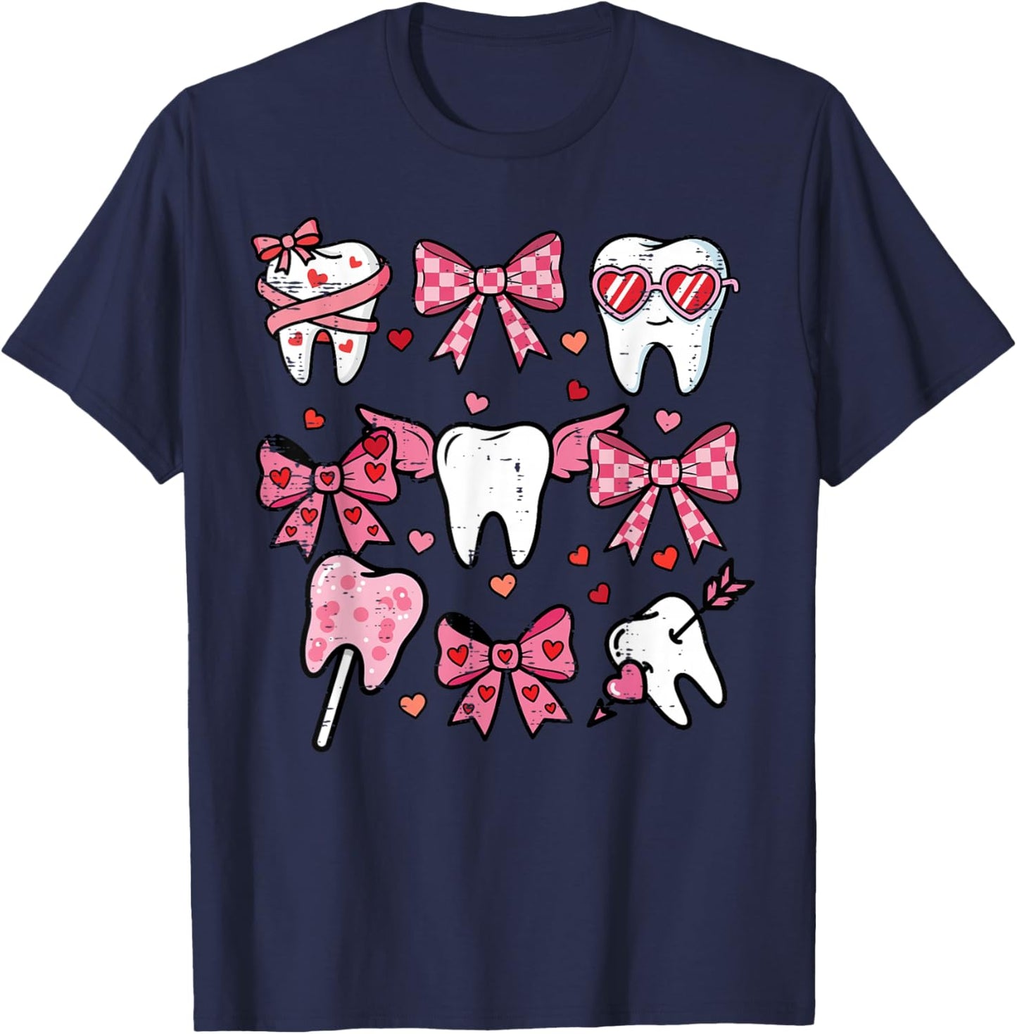 Valentines Day Teeth Coquette Bow Dental Women Girls Kids T-Shirt - T-Shirt | Navy