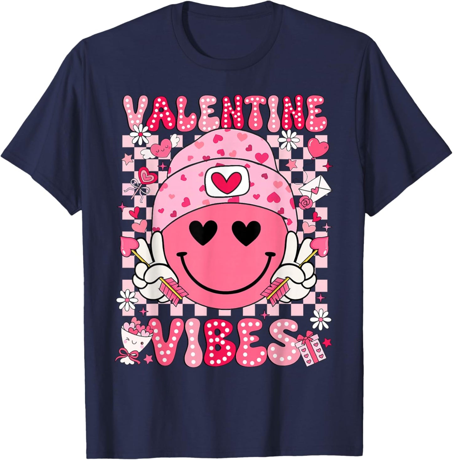 Valentine Vibes Groovy Smile Face Valentines Day Men Women T-Shirt - T-Shirt | Navy