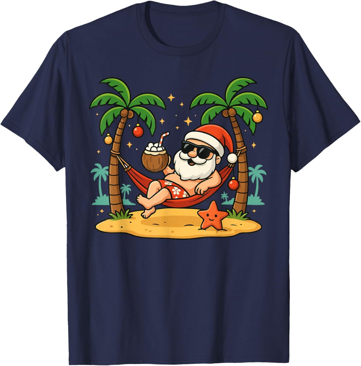 Funny Christmas Santa Hawaiian Beach Xmas Palm Tree Tropical T-Shirt - T-Shirt | Navy