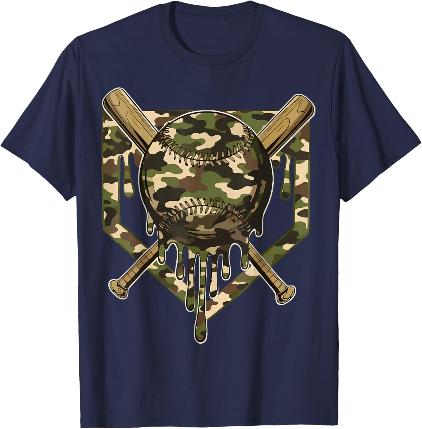 Baseball Drip for Boys Ice Cream Dripping Boys Baseball Camo T-Shirt - T-Shirt | Navy