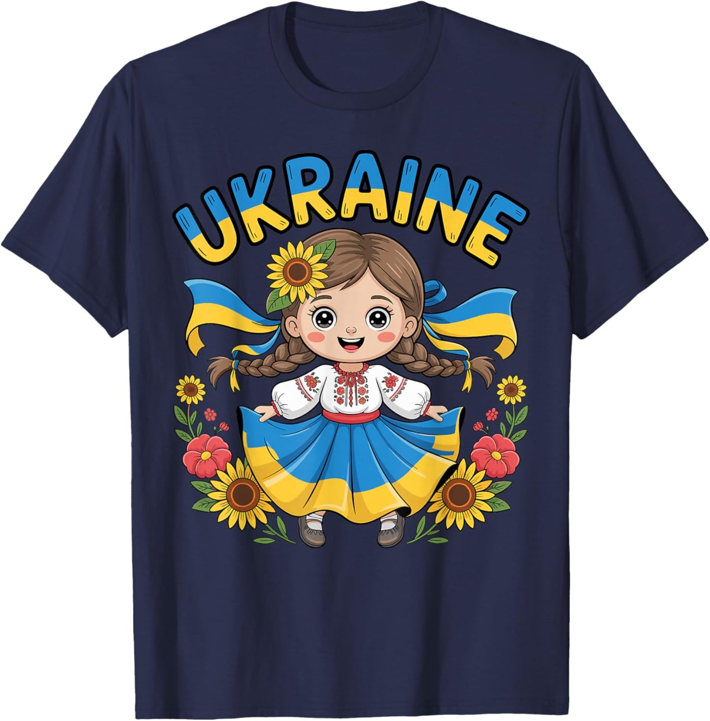 Cute Ukraine Girl Traditional Outfit with Sunflowers Kids T-Shirt - T-Shirt | Navy