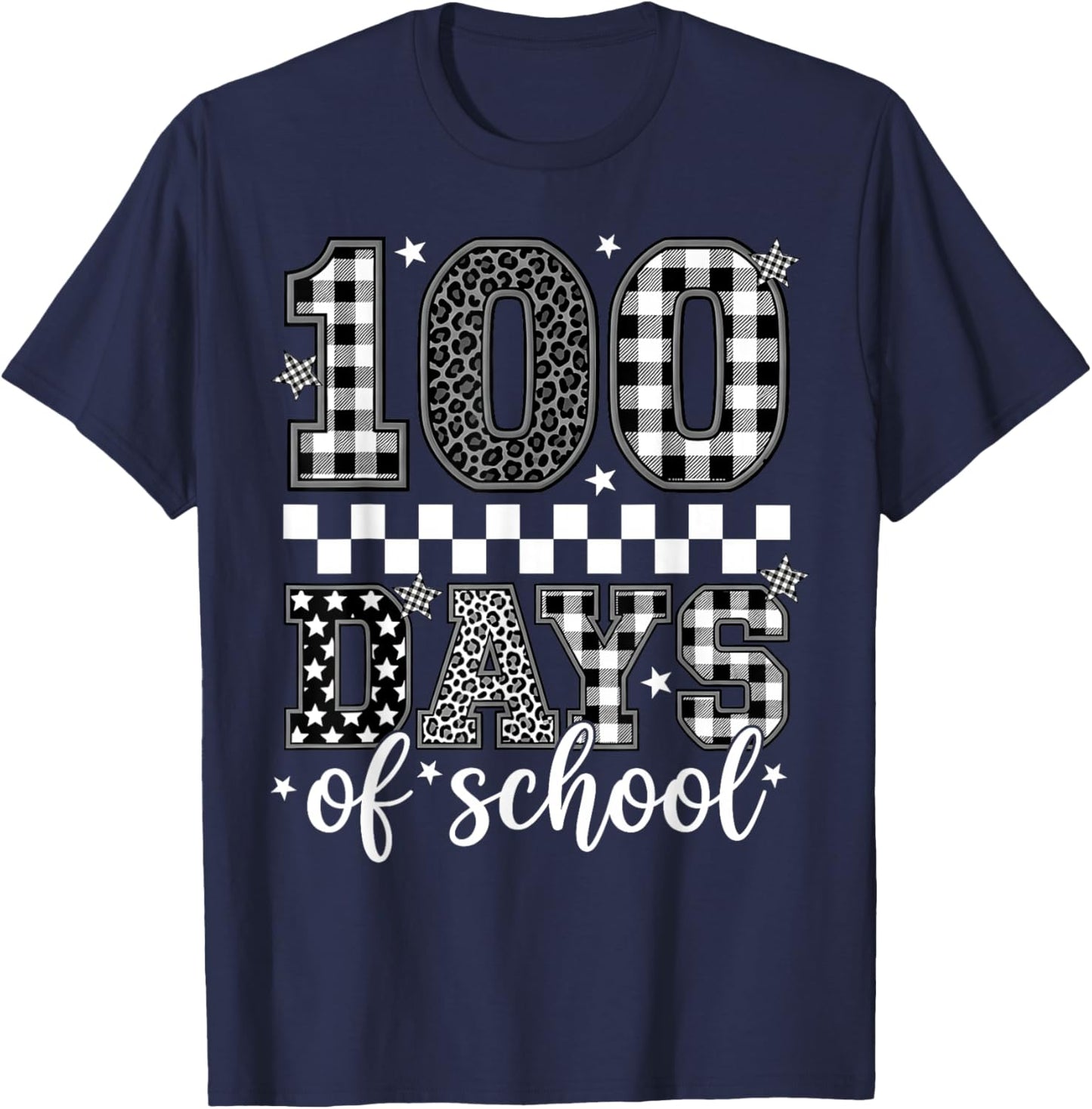 Black White Checkered Leopard 100 Days of School Teacher Kid T-Shirt - T-Shirt | Navy