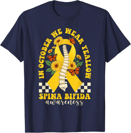 in October We Wear Yellow Ribbon Spina Bifida Awareness T-Shirt - T-Shirt | Navy