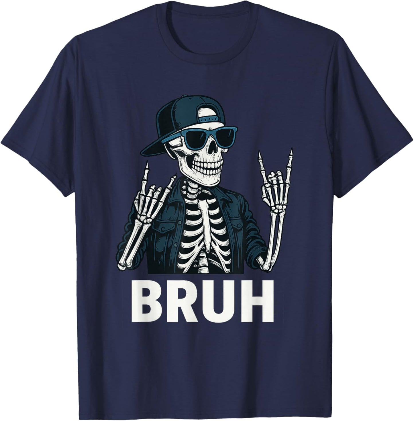 Cool Bruh Skeleton Rock On Halloween Men Teens Boys Kids T-Shirt - T-Shirt | Navy