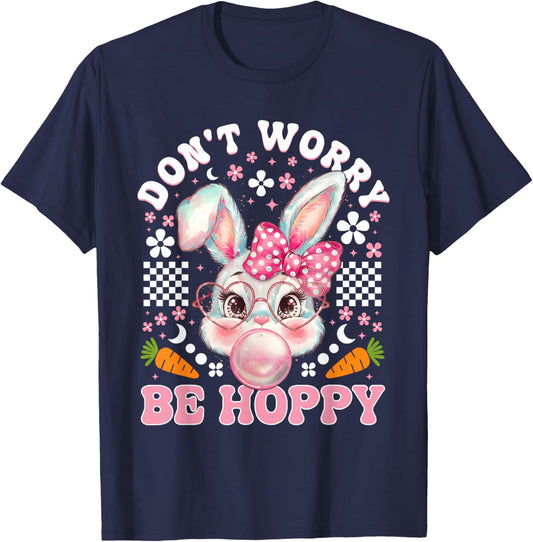 Happy Easter Groovy Bunny Face Don't Worry Be Hoppy Women T-Shirt - T-Shirt | Navy